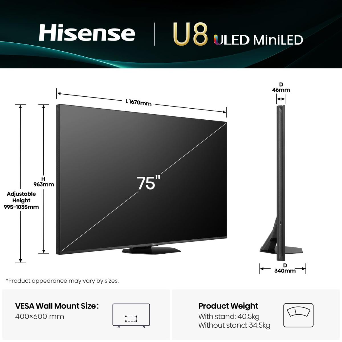 Hisense 75U8Q 75" Mini-LED QLED 4K Smart TV 165Hz