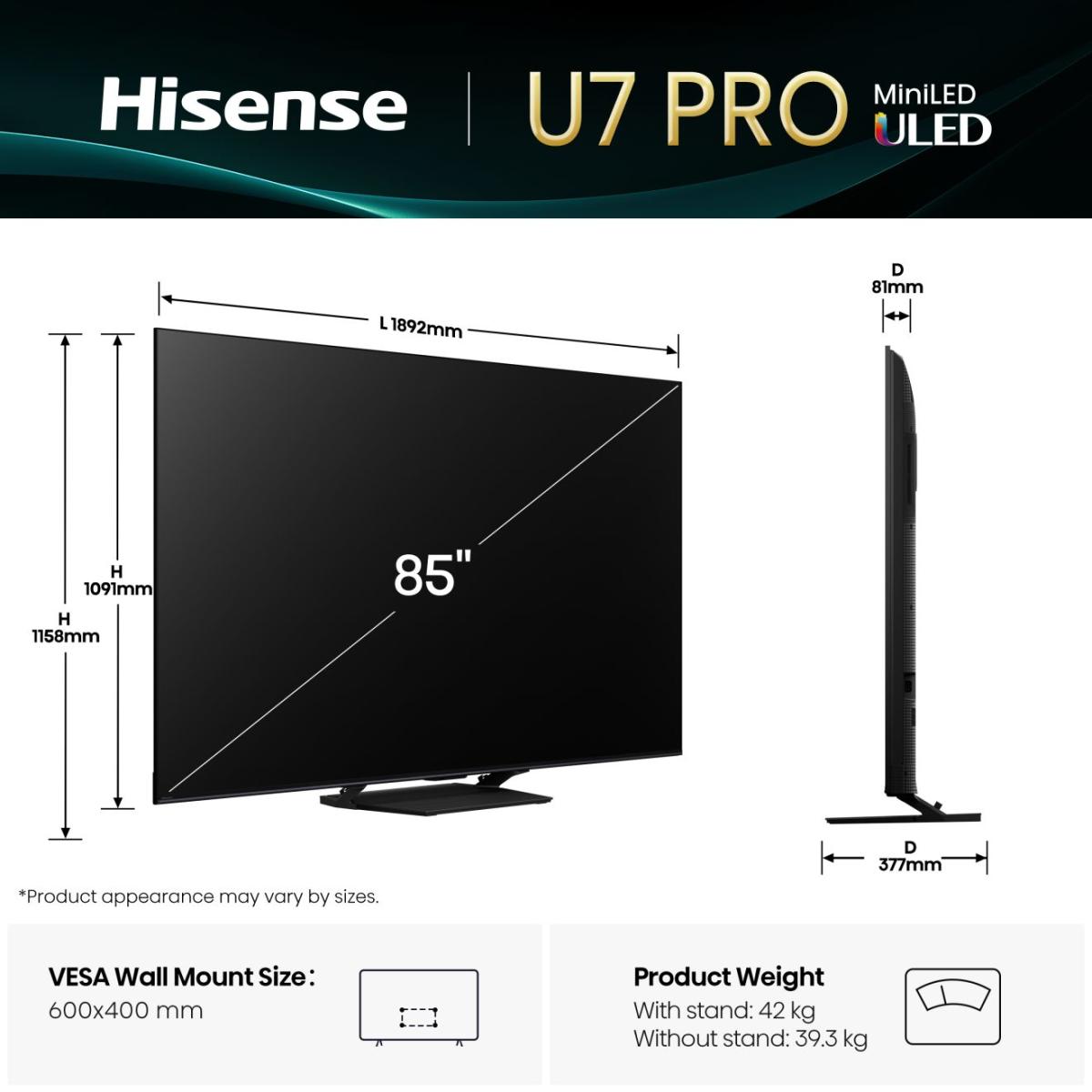 Hisense 85U7Q PRO 85" Mini-LED QLED 4K 165Hz Smart TV